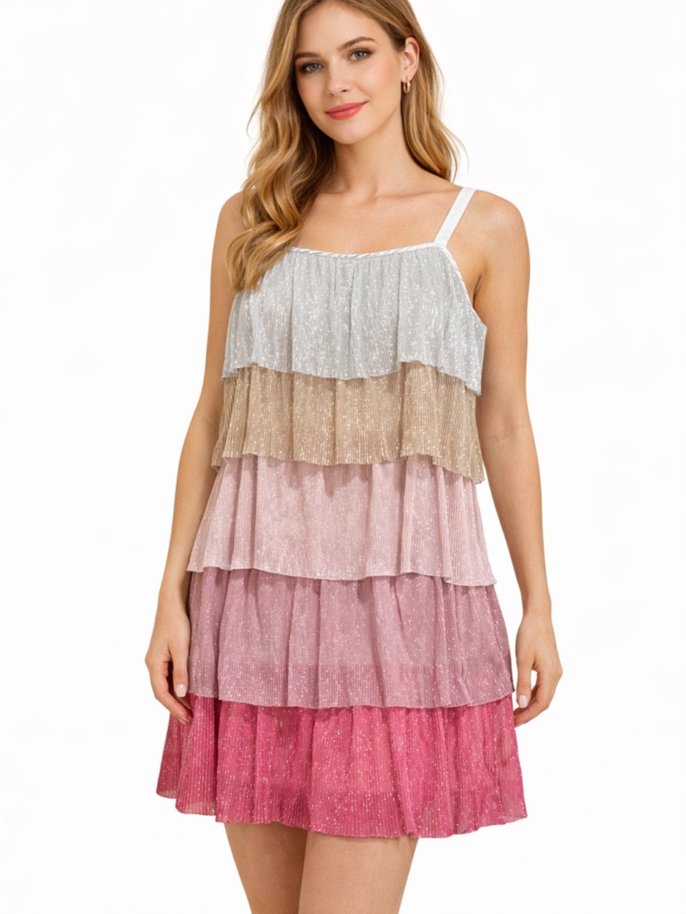 Arula Tiered Shimmer Mini Dress Pink Ombre Ruffle Sleeveless Size Large